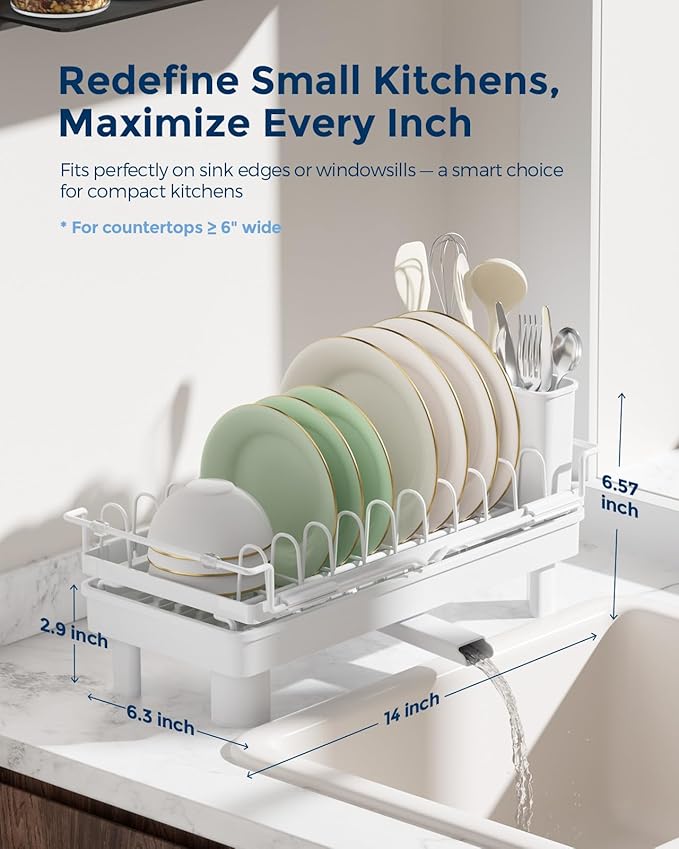 Nacial Small Dish Drying Rack with Utensil Holder, Expandable Dish Rack Over Sink with Auto-Drain Tray, Compact Dish Drainer for Kitchen Counter, Stainless Steel Dish Rack Fits 14''–21.8'' Sink, White