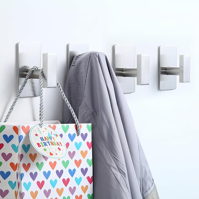 JAAWAN (4-Pack) Adhesive Towel Hooks for Bathroom, Stainless Steel Heavy Duty Sticky Wall Hooks for Bathroom Kitchen Hanging Towels, Coats, Clothes (Brushed Nickel)