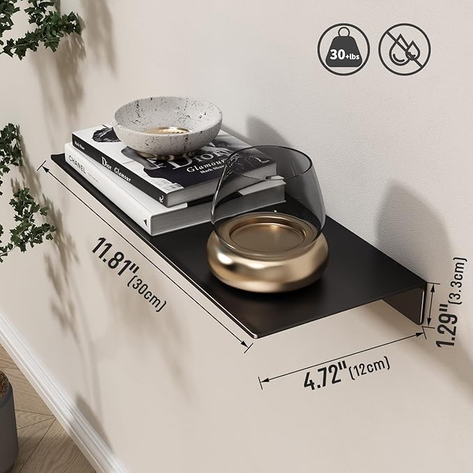 Danpoo Black Floating Shelves for Wall Storage, Metal Wall Shelves for Living Room, Bathroom, Kitchen, 12” Small Display Shelves for Collectibles(2 PCS)