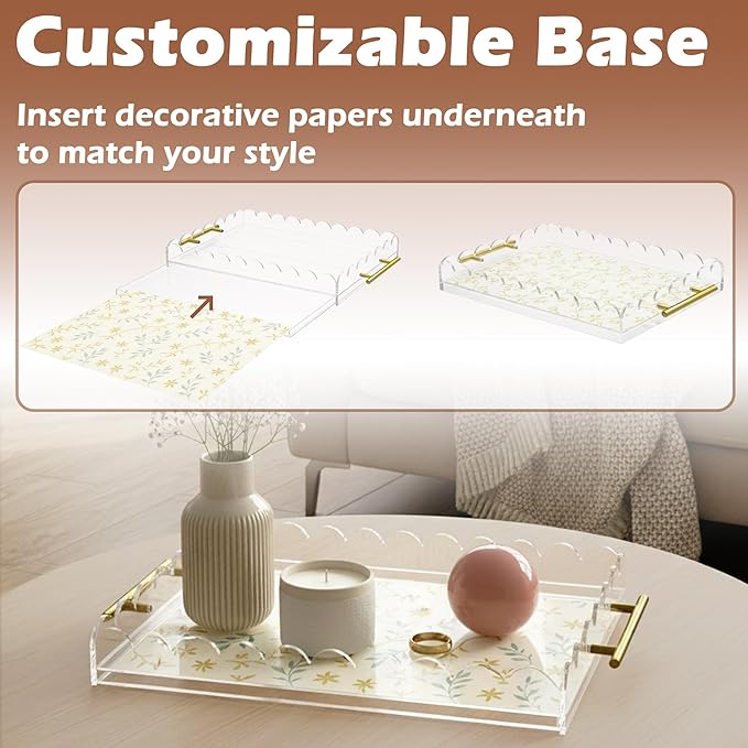 Scalloped Acrylic Tray with Metal Handles,16" x 12" Clear Acrylic Display Tray with Pull-Out Drawer for Photos, Art Prints, Postcards, Decorative Organizer Trays for Vanity,Home,Office
