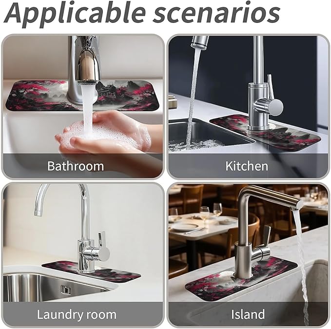 Kitchen Sink Splash Guard，Night mountain temple Faucet Mat Sink Gadgets-Super Absorbent Fast Drying Mat Drip Catcher for Kitchen, Bathroom,Sink Mat, Dish Drying Mat, Bathroom(15" X 5.5" )