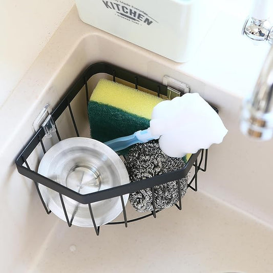 Sea Team Adhesive Corner Caddy, Sink Organizer, Soap, Drain Plug, Sponge Holder, Multifunctional Rustproof Carbon Steel Storage Basket, Wall Mounted Shelf Rack for Kitchen, Bathroom, Black