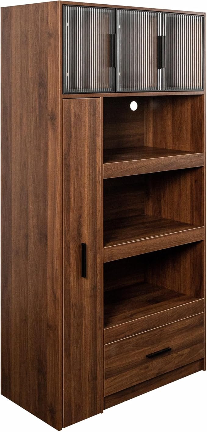 70.87" Tall Kitchen Pantry Storage Cabinet with Pull-Out Shelf, Glass Doors, 2 Drawers & Side Shelves, Freestanding Wood Hutch Cupboard with Microwave Stand for Dining Room, Coffee Bar, Walnut