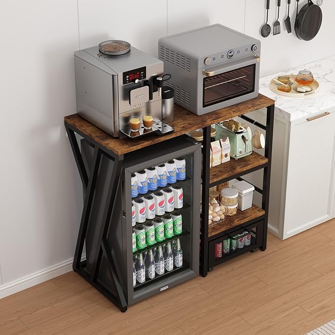 Kitchen Bakers Rack with Movable Basket, Coffee Bar Cabinet with Mini Fridge Space, Beverage & Wine Fridge Stand, Kitchen Storage Organizer with Worktop, Microwave Oven Stand for Home, Dorm, Office