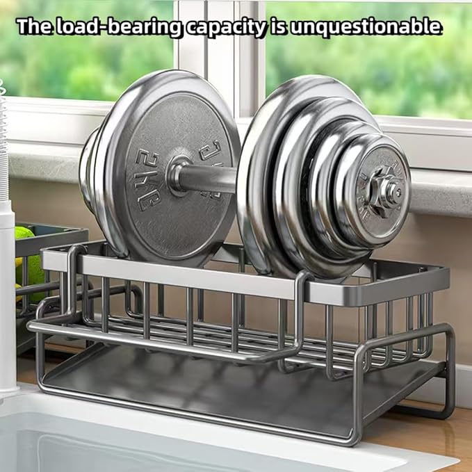 Kitchen Sink Caddy Organiser with Self Draining Tray, Sponge Holder, Brush Holder, Dish Soap Holder, Carbon Steel