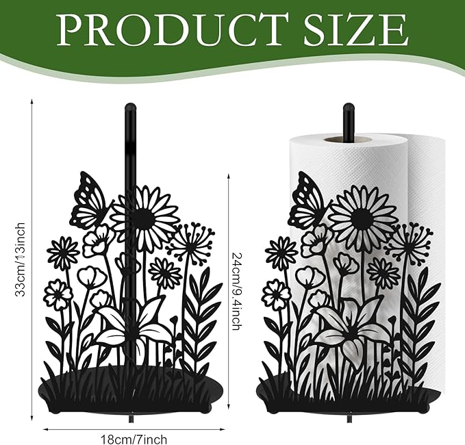 Wildflower Paper Towel Holder Black Metal Paper Towel Holder Large Decorative Tissue Stand Kitchen Decor Accessories for Home Party Bathroom Countertop Dining Table