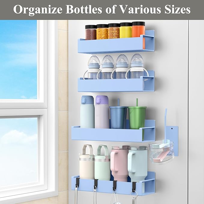 HuggieGems Magnetic Water Bottle Holder for Refrigerator, Cup Holder Organizer for Stanley and Tumbler for Kitchen, 4 Pack, Light Blue
