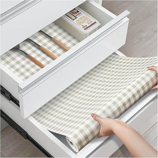 ALIUNI Drawer and Shelf Liner, Non-Slip Kitchen Cabinet Liners Non-Adhesive Thick Strong Grip Waterproof Washable Mats Protect Dresser Shelves Cupboard Bathroom Cabinets, Yellow Plaid, 12 in X 10 FT