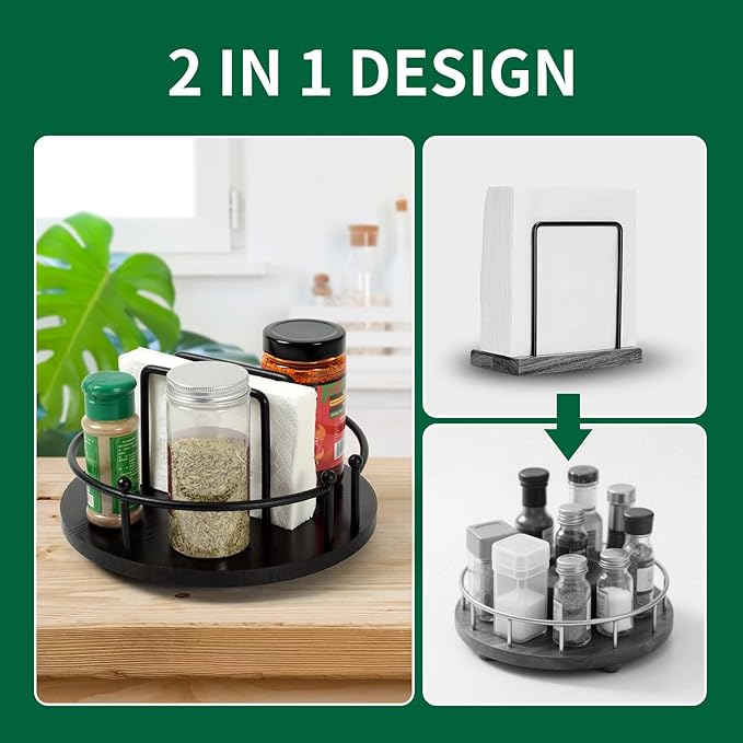 Napkin Holder for Table,360° Rotating Lazy Susan Turntable Organizer for Cabinet,9 inches Kitchen Table Decor&Counter Tray Can Hold Salt and Pepper Shakers (Dark brown)