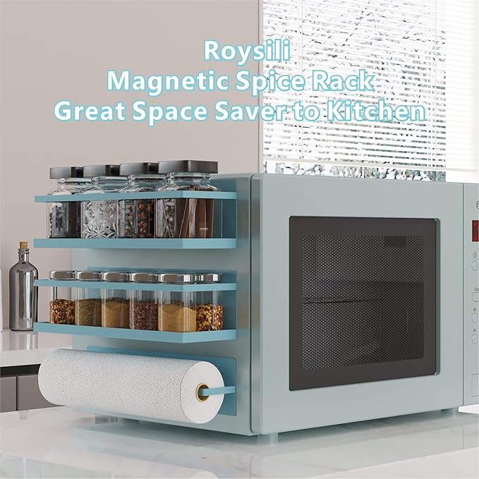 Roysili Magnetic Spice Rack For Refrigerator, Space Saving Magnetic Shelf For Fridge Blue 4 Pack With Magnetic Paper Towel Holder