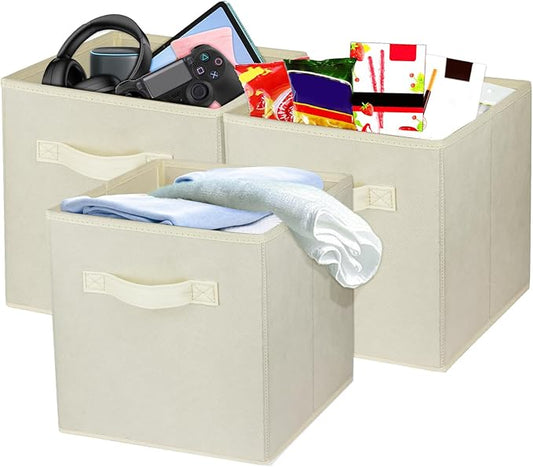 3 Pcs Storage Cubes, 10.5 Inch Collapsible Storage Bins, Fabric Foldable Bins for Organization, Durable Storage Bins for Closet, Shelves, Offices (Beige)