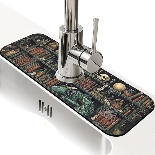 Kitchen Sink Splash Guard，Mystical bookshelf filled Faucet Mat Sink Gadgets-Super Absorbent Fast Drying Mat Drip Catcher for Kitchen, Bathroom,Sink Mat, Dish Drying Mat, Bathroom(15" X 5.5" )