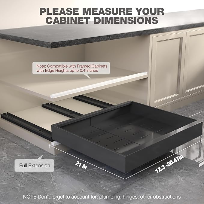 4 Pack Pull Out Cabinet Organizer 21" Deep,Full Extension 3 Slide Rails Slide Out Drawers With Raising Pad for Framed Cabinets,Expandable Width (12.3"-20.5"),No Drill Roll Out Shelves,Black