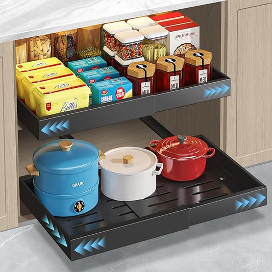 Expandable Pull Out Cabinet Organizer 21" Deep, 3 Rails Slide Out Drawer for Kitchen Cabinet, Adjustable No Drill Roll Out Shelf Adhesive with Nano Film 12.2"-20.5" W Black 1 Pack