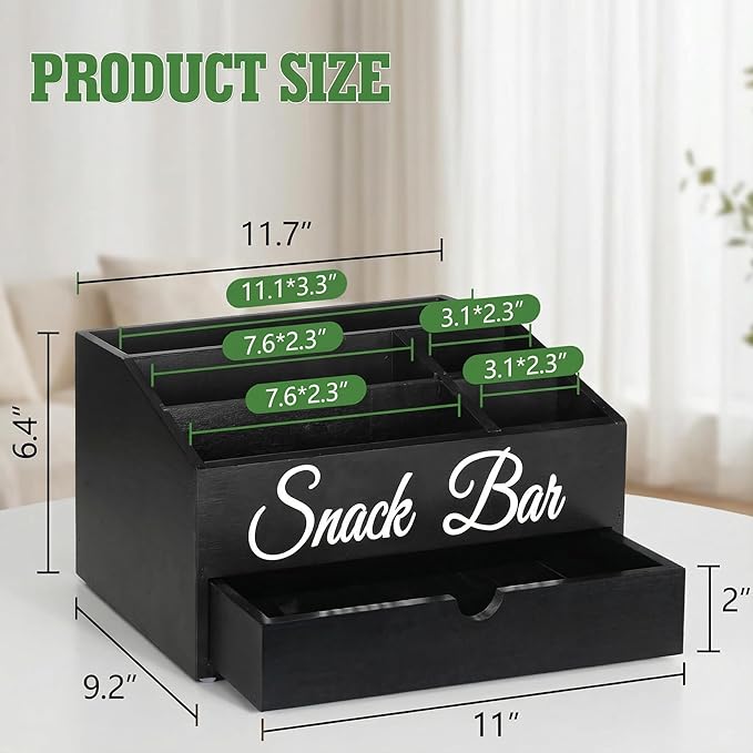 Snack Organizer for Countertop, Wooden Snack Tray and Food Storage Organizer Bins for Kitchen, Office, Large 6-Compartment Snack Bar Organizer with Drawer, Snack Containers for Chips and Candy