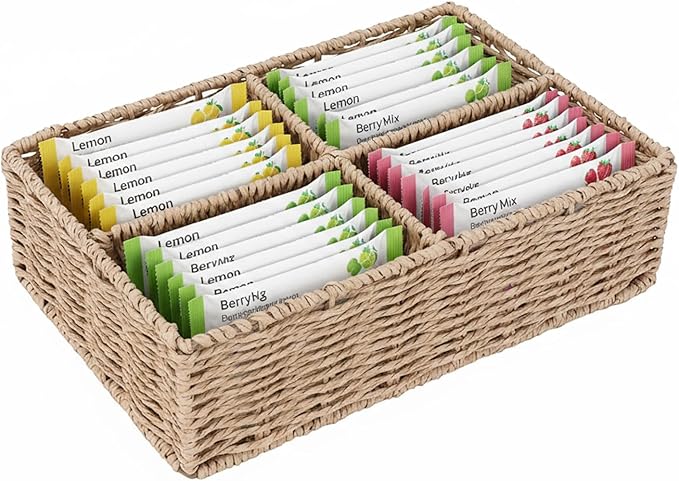 Drink Packet Organizer, Water Flavor Packets Container with 4 Compartments, Sugar Packet Holder, Wicker Snack Bar Organizer, Pantry Organizers and Storage