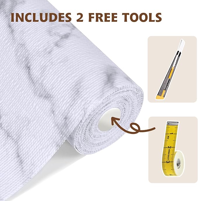 Shelf Liners for Kitchen Cabinets 12in x 20FT, Non Adhesive Drawer Liner Marble Pattern Thickened Shelf Liner Non-Slip Easy to Clean for Tool Box Refrigerator with Knife and Tape Measure