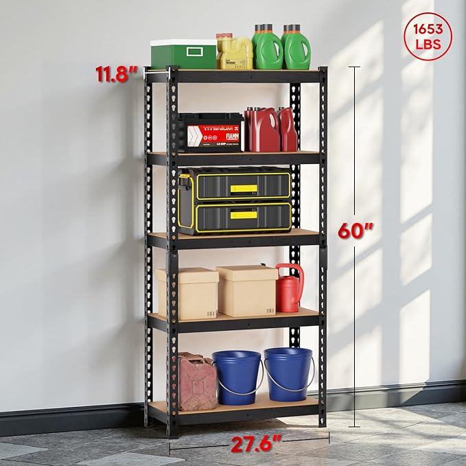 Storage Shelves 5 Tier Garage Shelving Heavy Duty Storage Rack, Adjustable Metal Shelving Unit, Garage Shelves for Basement Warehouse Pantry, 1655LBS, 60" H x 27.6" W x 11.8" D, Black