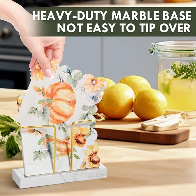 2 Pack Cocktail Napkin Holder for Table,Natural Marble Napkins Holder with Metal Wire,Modern Tissue Paper Dispenser for Dining Table Bar Kitchen (6.8 x 6.8 inch Cocktail Napkin Holder)