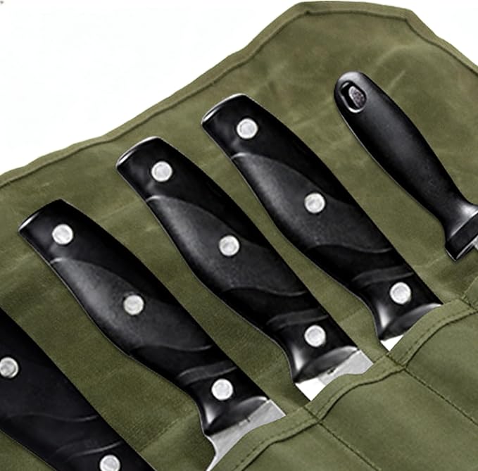 Waxed Canvas Chef Knife Roll Bag | Multi-Slot Protector Professional Organization for Kitchen Tools & Cutlery - Secure Blade Holder Travel Pouch & Multi-Purpose Storage Case