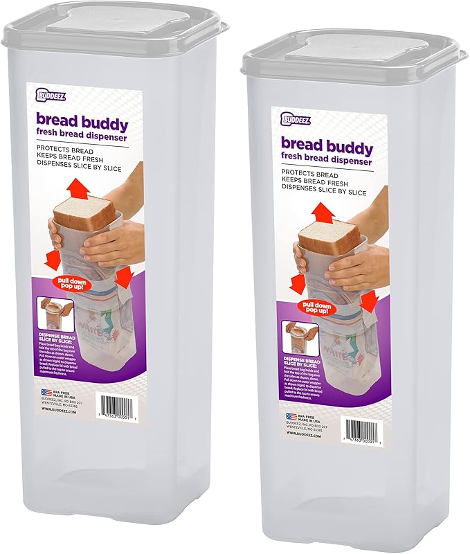 Buddeez Bread Buddy Airtight Bread Storage Container- Slice by Slice Dispensing Design - Perfect Pantry Organizer - White Lid Pack of 2