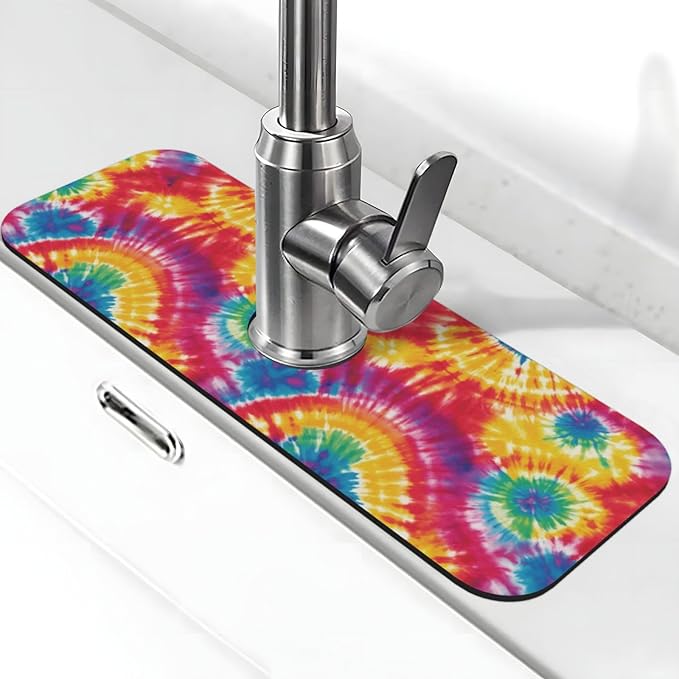 Abstract Colorful Tie Dye Kitchen Sink Splash Guard Faucet Mat Super Absorbent Fast Drying Mat Sink Gadgets-Fast Drying Pad Sink Mat For Kitchen Bathroom (15" X 5.5" )