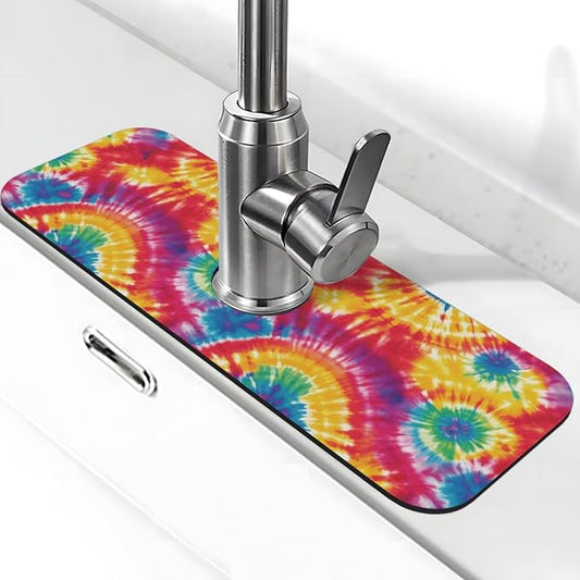 Abstract Colorful Tie Dye Kitchen Sink Splash Guard Faucet Mat Super Absorbent Fast Drying Mat Sink Gadgets-Fast Drying Pad Sink Mat For Kitchen Bathroom (15" X 5.5" )