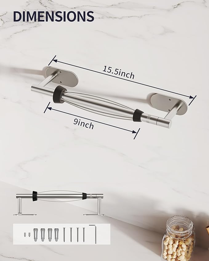 Paper Towel Holder Under Cabinet, Self Adhesive or Wall Mount for Kitchen Bathroom, Stainless Steel Paper Towel Holders with Damping Effect, Single Hand Operable (Silver)