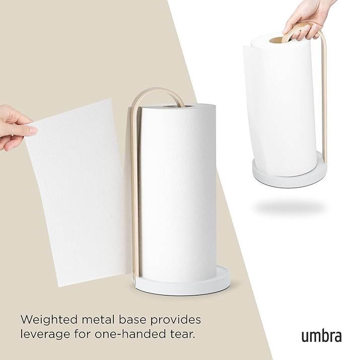 Umbra Bellwood Paper Towel Holder for Kitchen Countertop, with Real Wood Stand and Weighted Metal Base, White/Natural