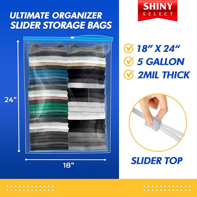 Pack of 25 Extra Large Huge Jumbo Big Slider Freezer Food Storage Bags with Resealable Closure, Thick Big 5 Gallon Size Bags, 18" x 24"