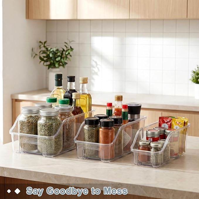 LemonRoad 6 Packs Clear Freezer Organizers and Storage Bins with Handle, Stackable Open Front Pantry Organizer Bins for Bathroom, Kitchen, Refrigerator, Pantry, Cabinet, Closet
