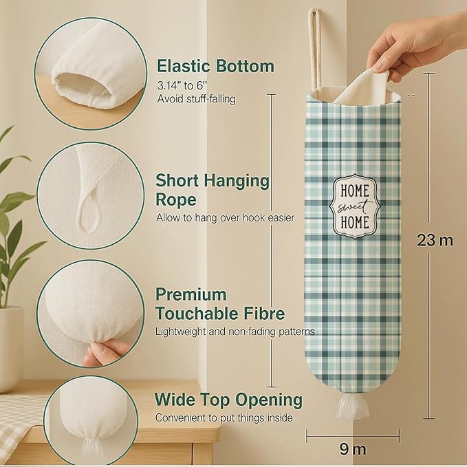Plastic Bag Holder, Home Sweet Home Plastic Bag Holder for Kitchen Essentials, Grid Bags Holders for Plastics Bags Groceries Store, Reusable Hanging Trash Sack Dispenser