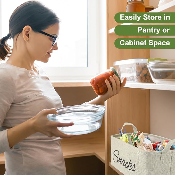 17 Pcs Snack Basket Sets, Snack Storage Bin for Pantry Shelves with 16 Pcs 2 Inch Chip Clips, Basket Organizer for Kitchen, Chips, Popcorn, Candy, Pretzels (Cream-colored,Burlap)
