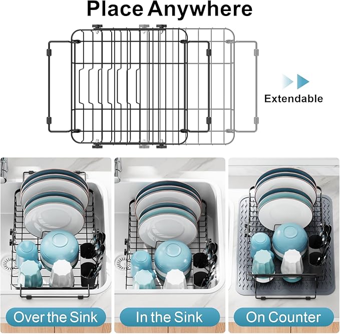 GSlife in Sink Dish Drying Rack with Silicone Drying Mat - Expandable Capacity Dish Drainer Drying Rack in Sink or Countertop, with Removable Utensil Holder, 12.2"-17.3" L x 12.6" W, Black