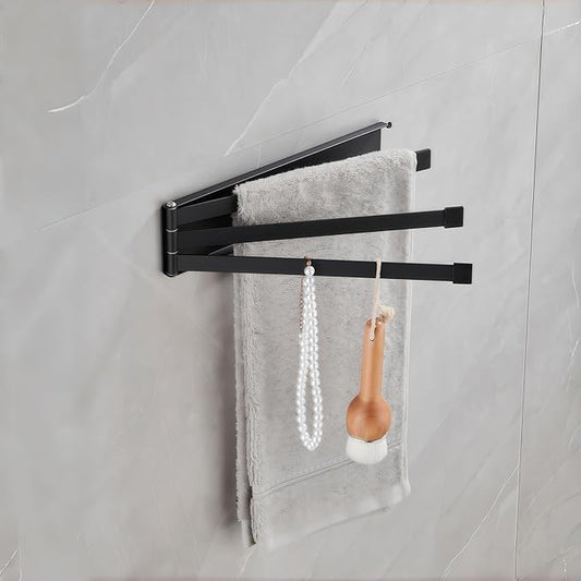 Small Swivel Foldable Towel Rack, Elfthloo 24cm(9.45 in) Rotating 3-Arm Towel Bar Rod, Space Saving Wall Mounted Holder, Stainless Steel Swing Out Hanger for Bathroom, Kitchen (1 Pack, Matte Black)