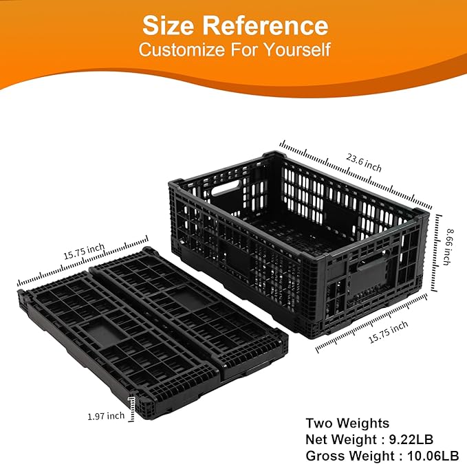 JGLDG Collapsible Storage Bin Container，52 Liter Transfer heavy duty plastic storage box , Versatile Storage Basket milk crates (2)