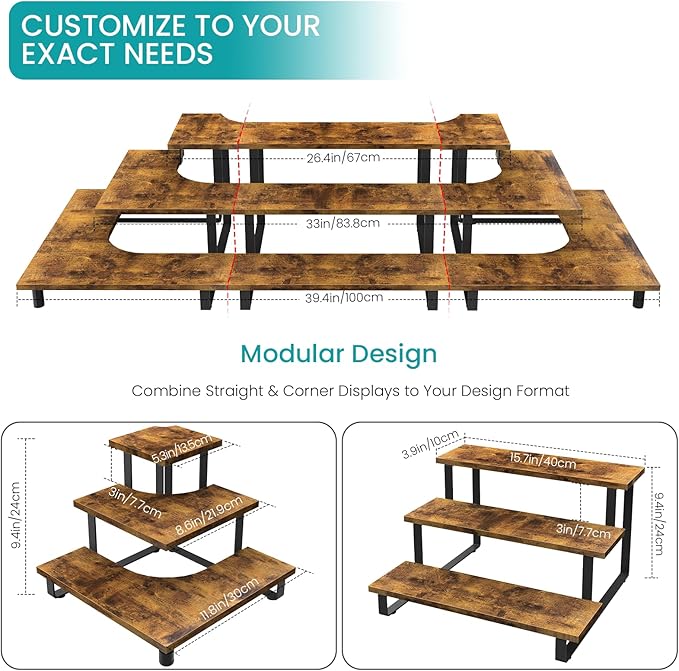 ELITEROO 3-Step Tiered Corner Display Shelves, Portable Wooden Retail Cupcake Food Stand Display Table, Collectibles Riser Tower Stand, Vendors Display Shelf Rack, Farmers Market Counter Top Risers