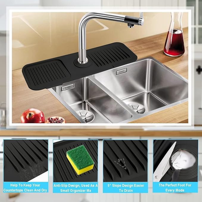 Sink Splash Guard, Silicone Sink Faucet Mat Sink Accessories Faucet Absorbent Mat for Kitchen, Bathroom, Sink Sponge Holder (Black)