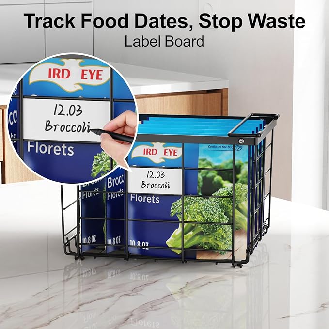 iSPECLE Freezer Organizer Bins - for 3.5 Cu.Ft Deep Freezer, 3 Pack Stackable Chest Freezer Organizer Bins with Label Plates & Folding Handles, Heavy Duty Metal Storage, Assembly Required, Black