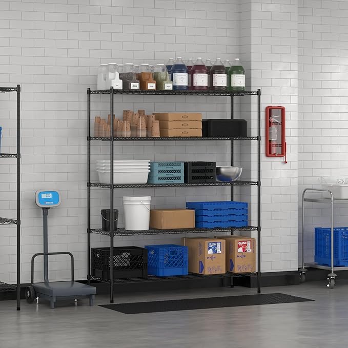 Commercial NSF Listed Black Epoxy Stationary Wire Shelving Kit 21" x 60" x 74", with 5 Shelves Perfect for Warehouse, Walk-in Refrigerator, Freezer, Grocery Store, Restaurant, Dishroom