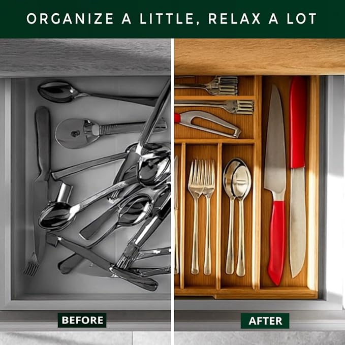 Bamboo Drawer Organizer – Expandable 8 Slot Silverware & Utensil Tray for Kitchen, Office & Bathroom – Fits 13"–19.5” Drawers, Natural Bamboo, Deep Compartments, Durable & Eco-Friendly