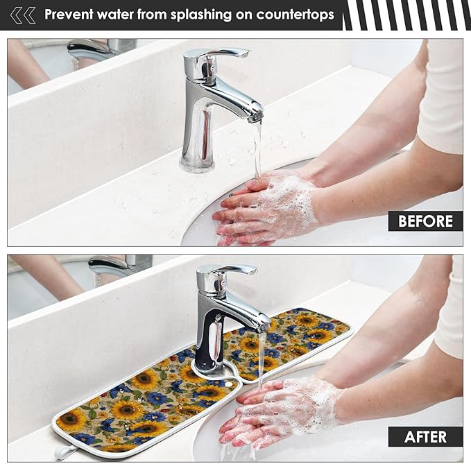 2 PCS Kitchen Sink Splash Guard 23.6 Inch Faucet Mat for Kitchen Sink Bathroom Sink Faucet Absorbing Drip Drain Mat Pad Microfiber Soft Washable Vintage Beige and Blue Sunflowers Butterflies