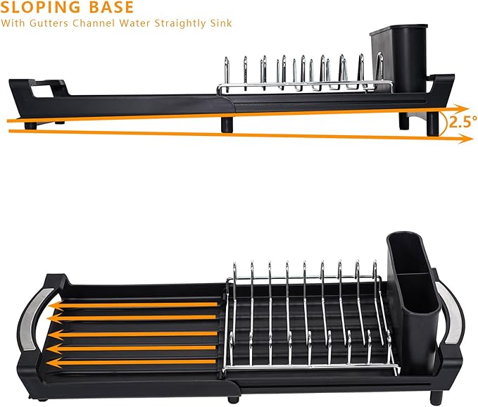 Over The Sink Dish Drying Rack, Adjustable Expandable Kitchen Sink Organizer (11.42-19.9 Inch), Heavy Duty Metal Dish Drainer with Utensil Holder, Space Saving, Black
