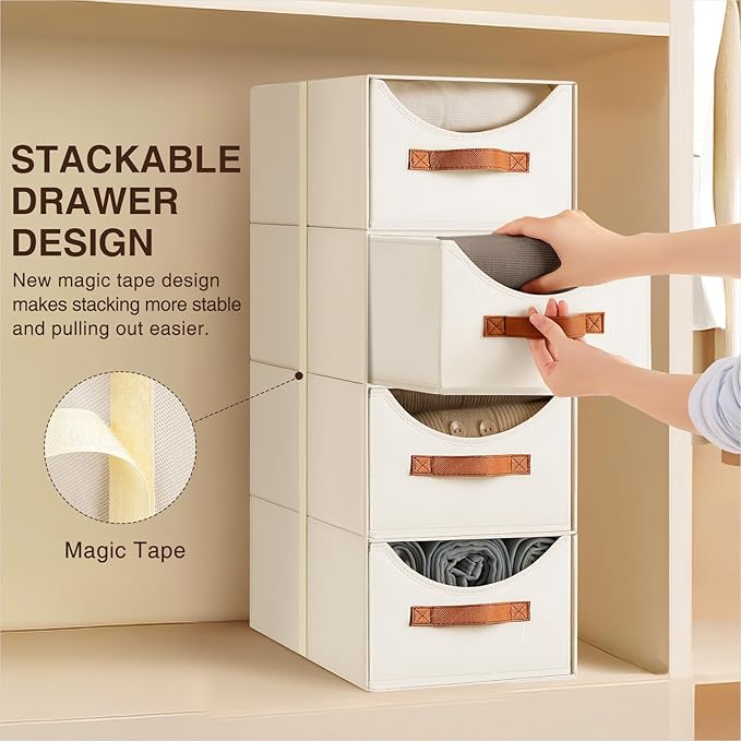 Stackable Storage Drawers - Collapsible Storage Bins with Drawers, 8 Pack Closet Shelf Organizer Basket, Fabric Pull Out Organizer for Bedroom, Living Room, Dorm, Beige