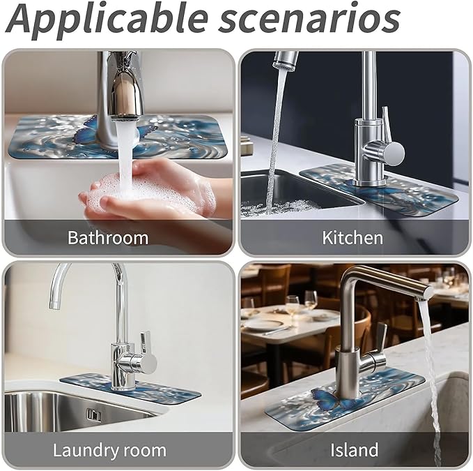 Kitchen Sink Splash Guard，A blue butterfly Faucet Mat Sink Gadgets-Super Absorbent Fast Drying Mat Drip Catcher for Kitchen, Bathroom,Sink Mat, Dish Drying Mat, Bathroom(15" X 5.5" )