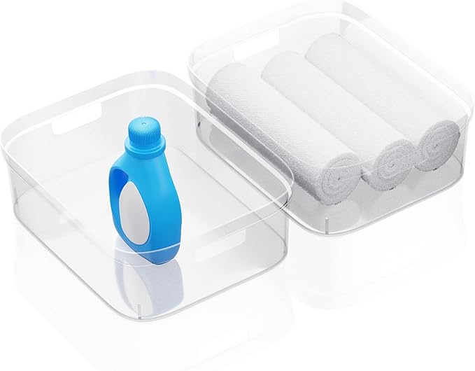 Tribello Modern Organizers And Storage Bin Clear Plastic Shelf Organizer Bins - Ideal for Under Sink Organization - Made In USA (Large - 15” X 12” X 5”)