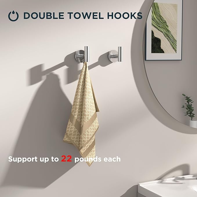 FORIOUS 4 Piece Bathroom Accessories, SUS304 Stainless Steel Toilet Paper Holder, Towel Ring and 2 Towel Hooks, Wall Mounted Bathroom Hardware Set (Brushed Nickel,Double Post Pivoting)