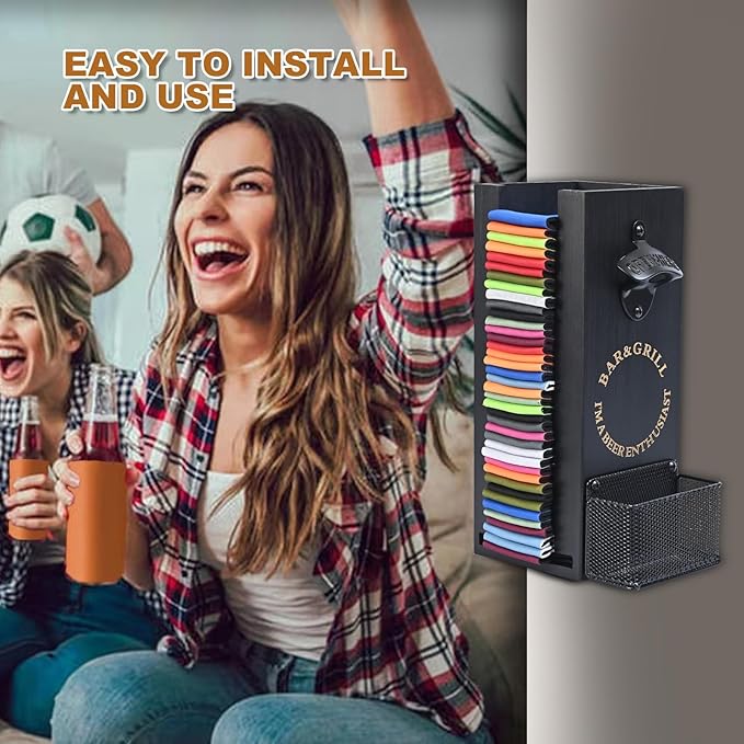 3-in-1 Can and Bottle Cooler Holder with Opener - Wooden Beer Sleeves Organizer & Dispenser - Wall Mounted Storage - Ideal for Home Bars and Parties(Black)