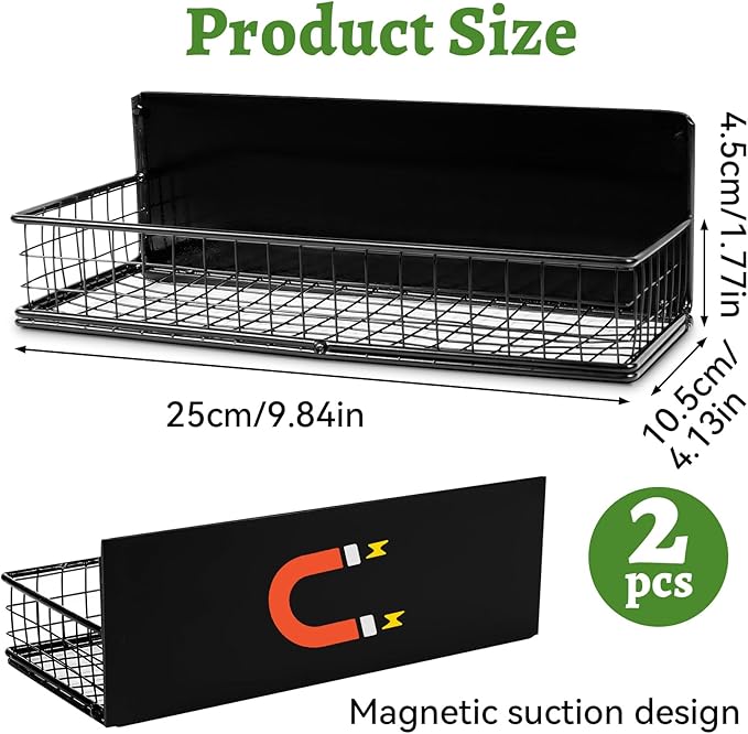 ONESIXEC 2 Pack Magnetic Basket for Fridge, Magnetic Spice Rack for Side of Refrigerator, Small Magnet Wire Bin Basket Fridge Shelf Organizer Kitchen Classroom Whiteboard Pantry Office Storage, Black