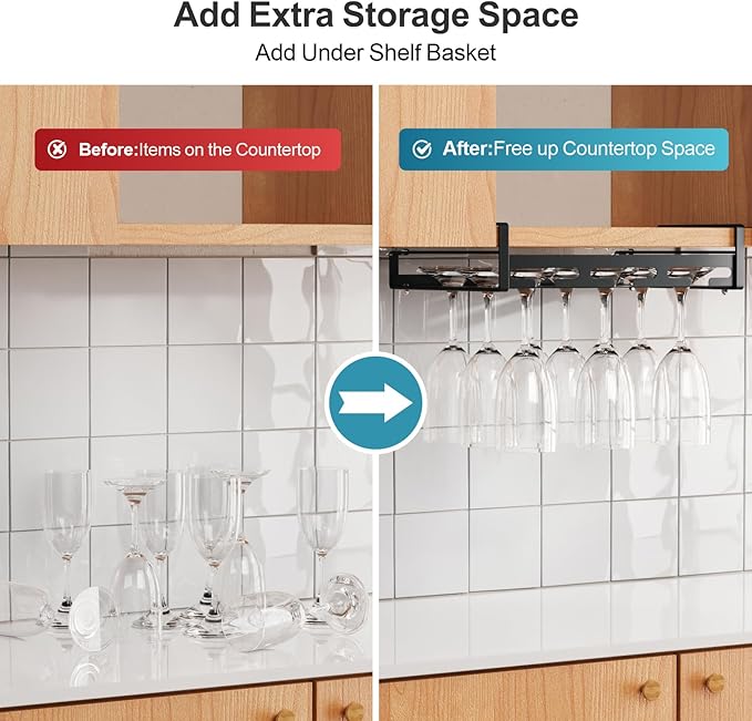 iSPECLE Wine Glass Holder - 3 Rows Under Cabinet Stemware Rack Holds 9 Wine Glasses Upside Down, Quick Access & Tidy Storage for Bar Kitchen, Black